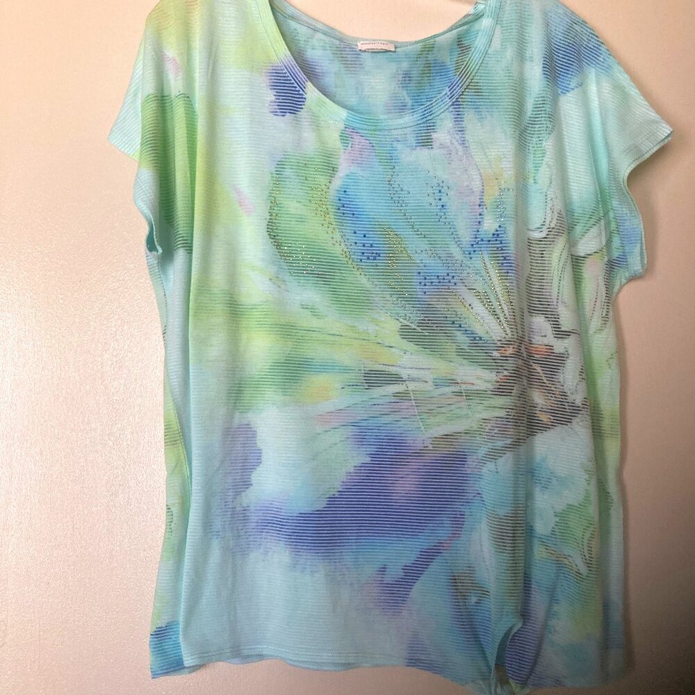 CHICOS Zenergy Rayon Top - Cool Water Colors - SZ L